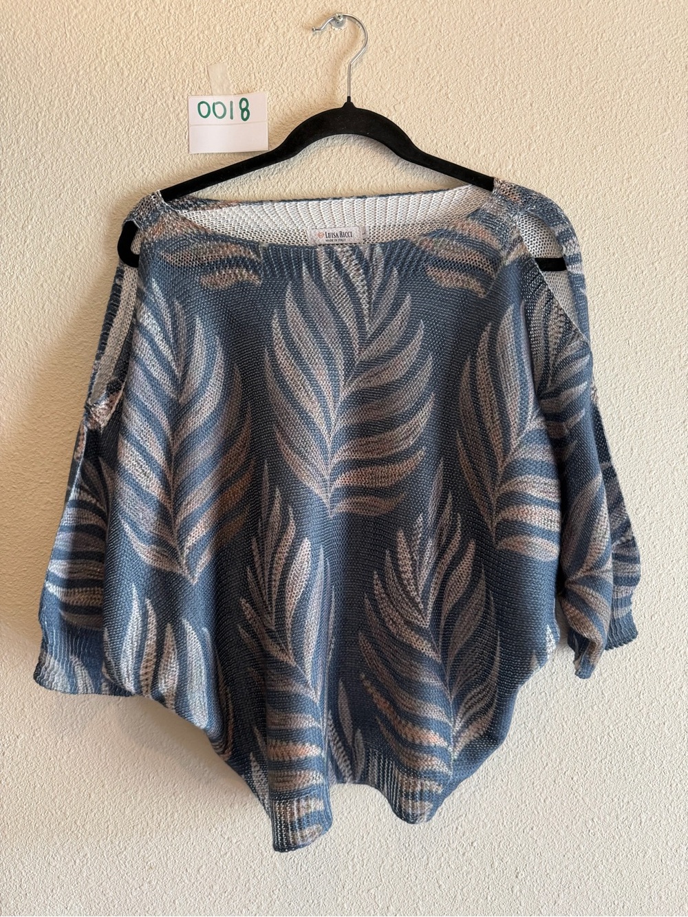 Luisa Ricci Made in Italy L Open Knit Sweater Blue Gray Taupe Leaf Dolman Boho